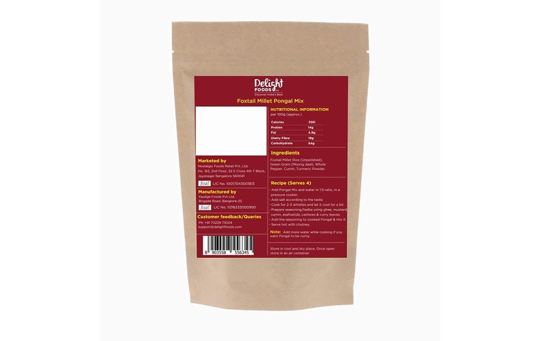 Delight Foods Foxtail Millet Pongal Mix   Pack  400 grams